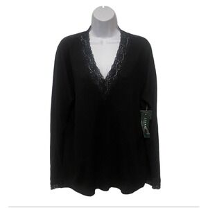 Lauren Ralph Lauren Black Lace Trim V Neck Long Sleeve Sweater Top Plus Size 2X